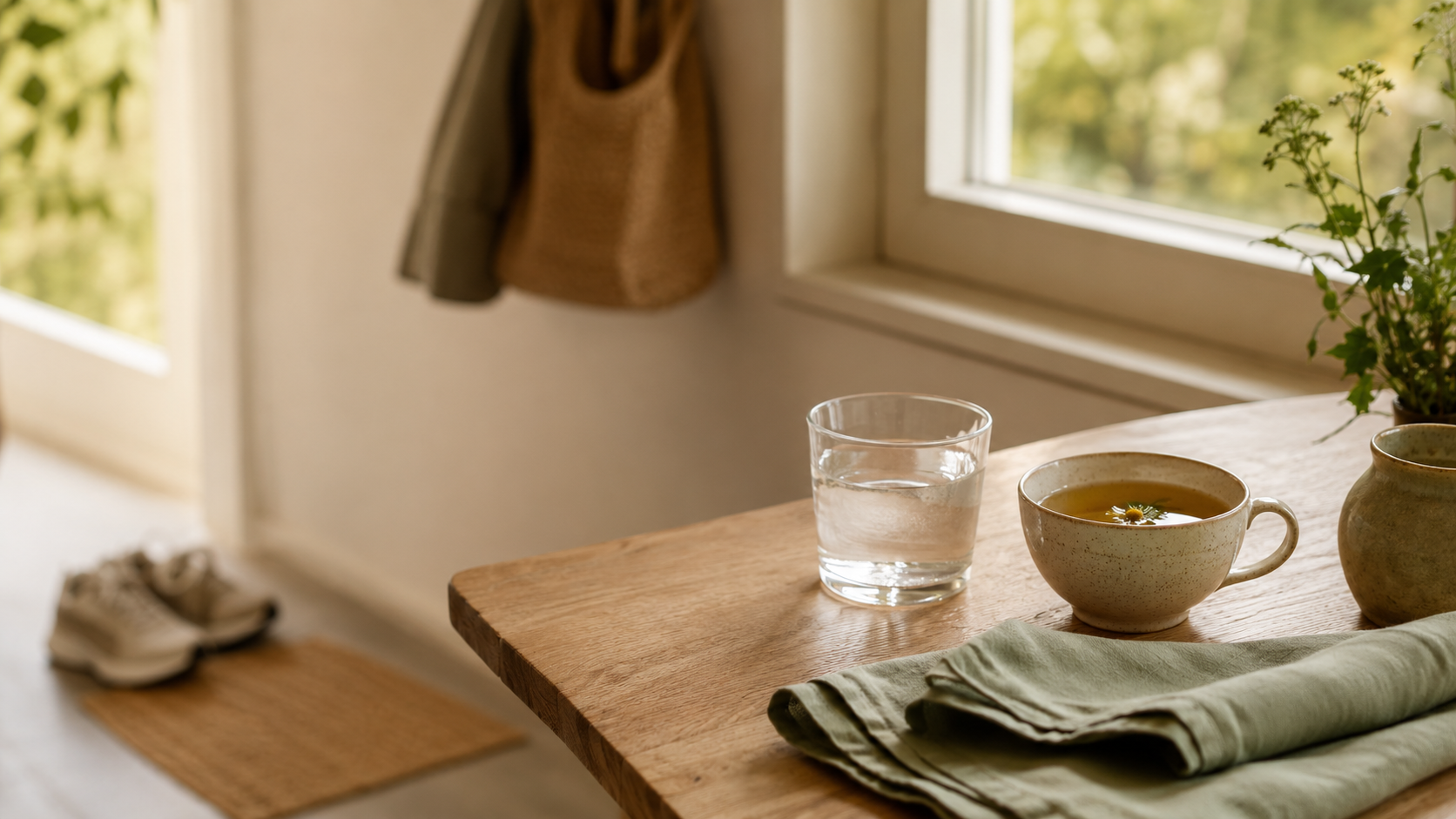 Glas Wasser und eine Tasse Kamillentee auf einem Holztisch am Fenster, im Hintergrund Schuhe an der Tür als Hinweis auf einen Spaziergang nach dem Essen