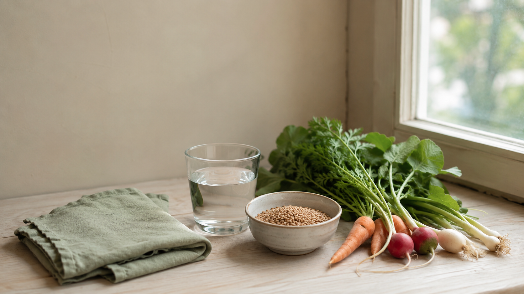 Eine Schale mit Getreidekörnern, frisches Gemüse mit Grün, ein Glas Wasser und ein gefaltetes salbeigrünes Leinentuch auf einer hellen Holzfläche am Fenster