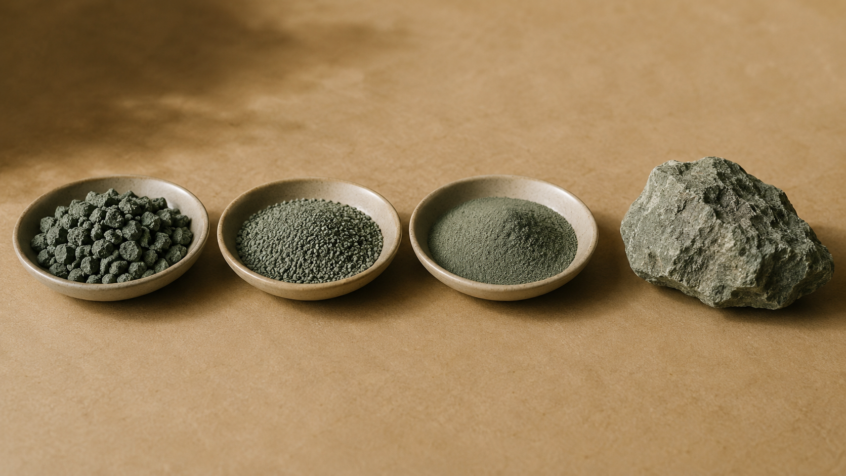 Drei flache Keramikschalen mit grüngrauem Mineral in drei Körnungen, von grobem Granulat über feinen Grieß bis zu staubfeinem Pulver, daneben ein Stück unbearbeitetes Rohgestein auf sandfarbenem Papier