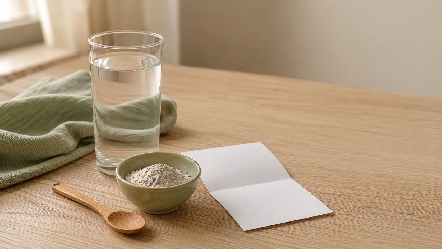 Eine kleine Schale mit feinem hellgrauem Mineralpulver, ein Holzlöffel, ein Glas Wasser und ein aufgeschlagenes leeres Blatt Papier auf einem Holztisch