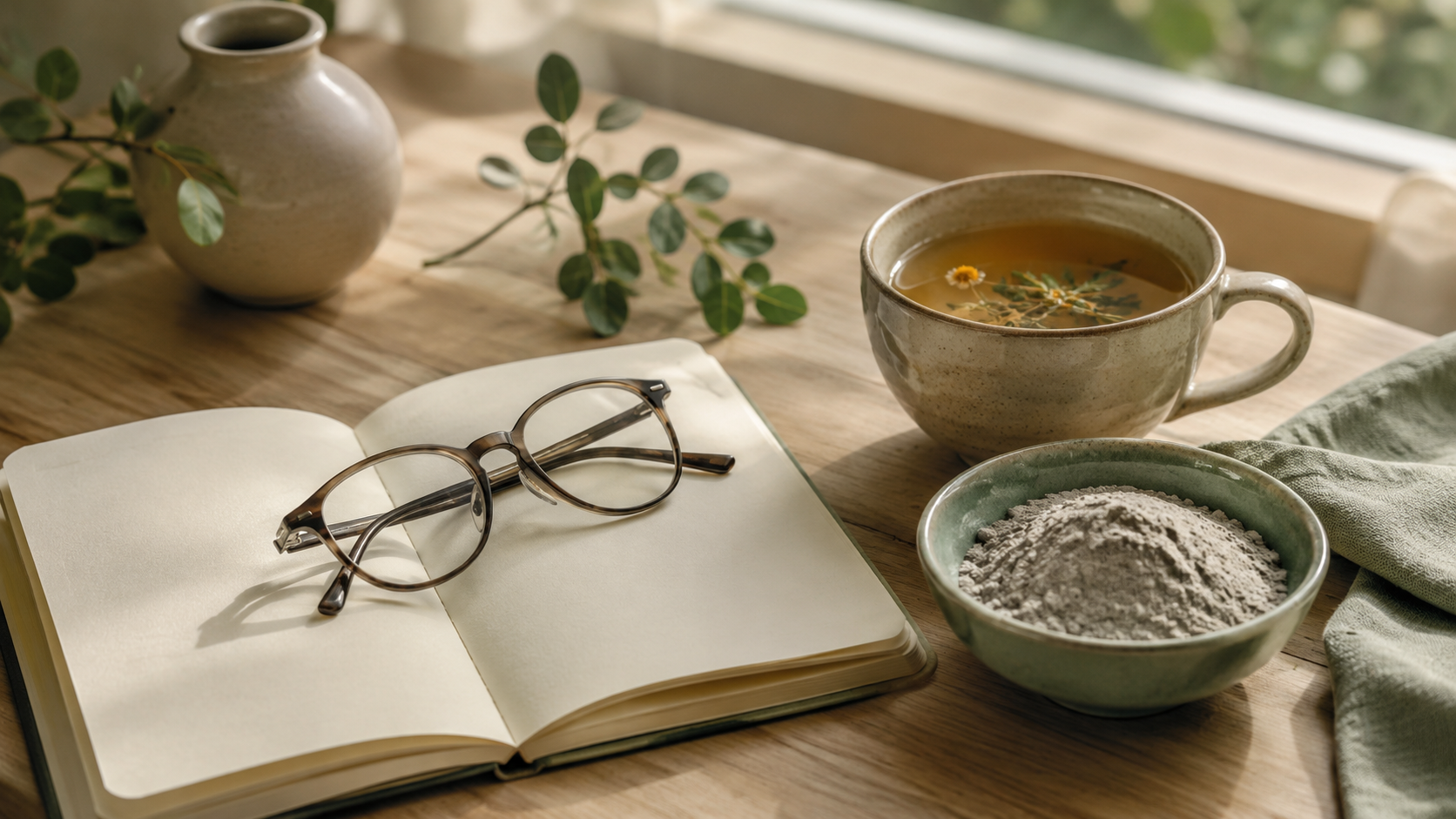 Lesebrille auf einem aufgeschlagenen Notizbuch, daneben eine Tasse Kräutertee und eine Schale mit feinem Zeolith-Pulver auf einem Holztisch