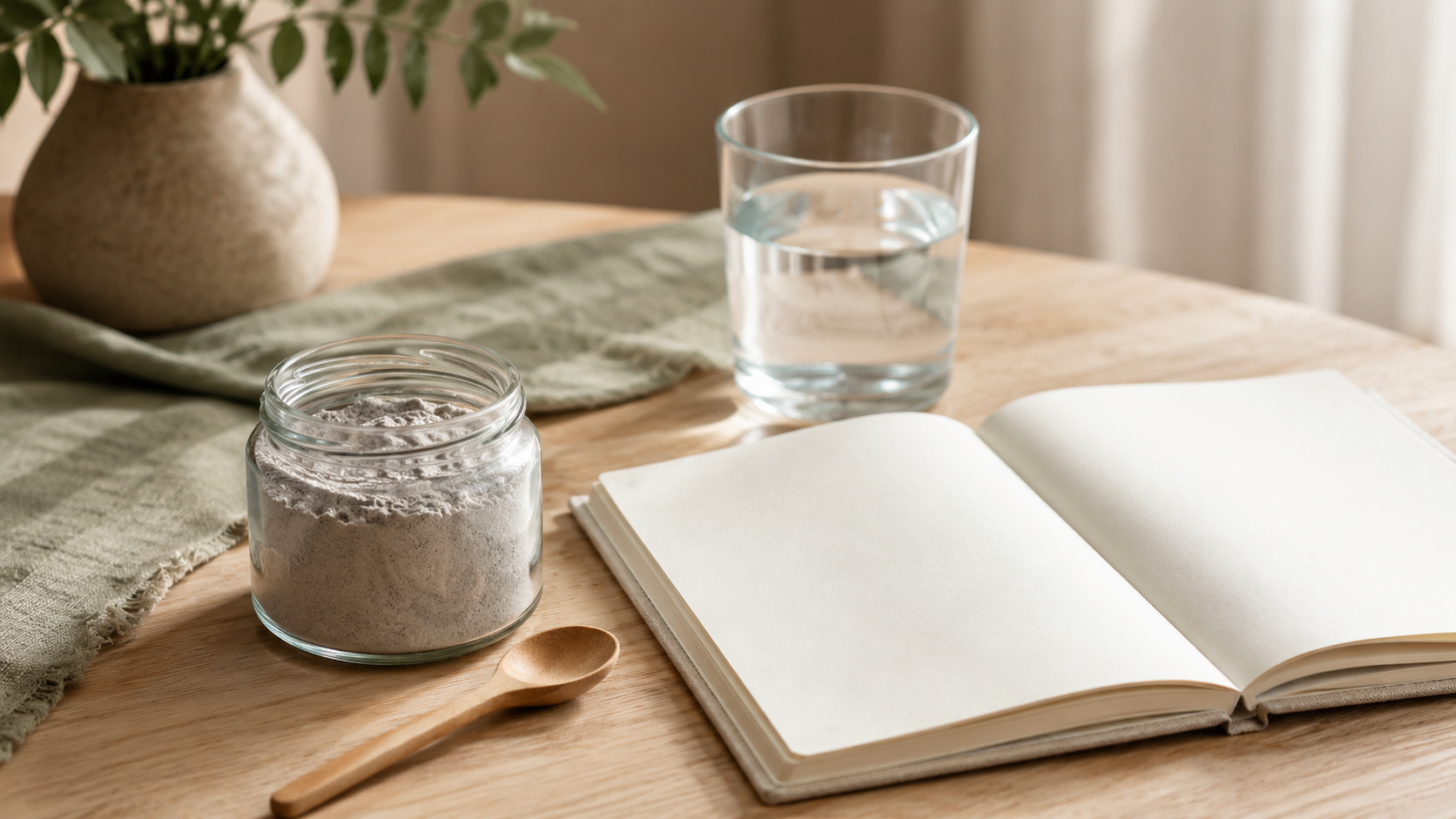 Glas mit Zeolith-Pulver, Holzlöffel, aufgeschlagenes Notizbuch und ein Glas Wasser auf einem Holztisch