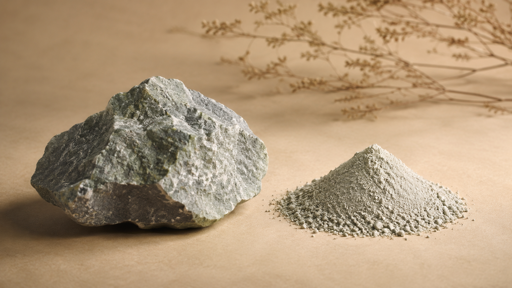 Roher grün-grauer Zeolith-Vulkanstein neben einem Haufen fein vermahlenem Zeolith-Pulver auf sandfarbenem Grund